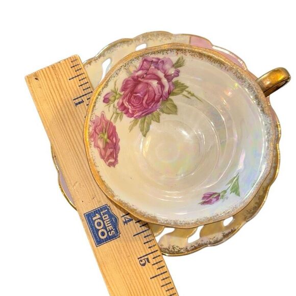 Vintage Shafford Iridescent Japan footed Teacup and Saucer Set laced Lusterware - Picture 2 of 6